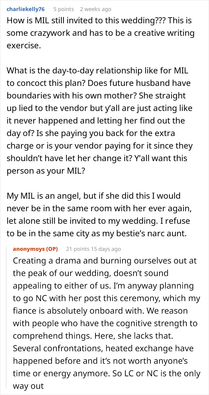 Reddit comments discussing a MIL's interference with a wedding menu, highlighting password protection advice. Reddit comments discussing a MIL's interference with a wedding menu, highlighting password protection advice.