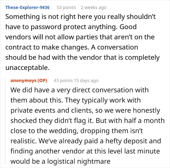 Image of a Reddit discussion about the importance of password protecting everything, focusing on wedding vendor issues. Image of a Reddit discussion about the importance of password protecting everything, focusing on wedding vendor issues.
