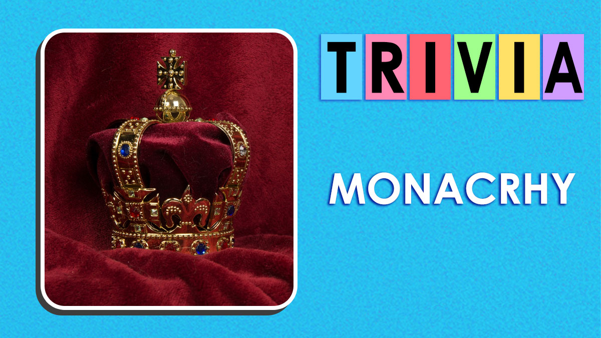 Gold and jeweled crown resting on red velvet next to colorful trivia letters and monarchy text on blue background.