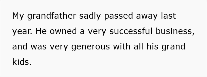 Text about grandfather passing, owning a successful business, and being generous with grandkids; linked to inheritance topic. Text about grandfather passing, owning a successful business, and being generous with grandkids; linked to inheritance topic.