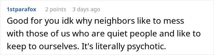 Text comment about neighbor conflicts and personal space issues. Text comment about neighbor conflicts and personal space issues.