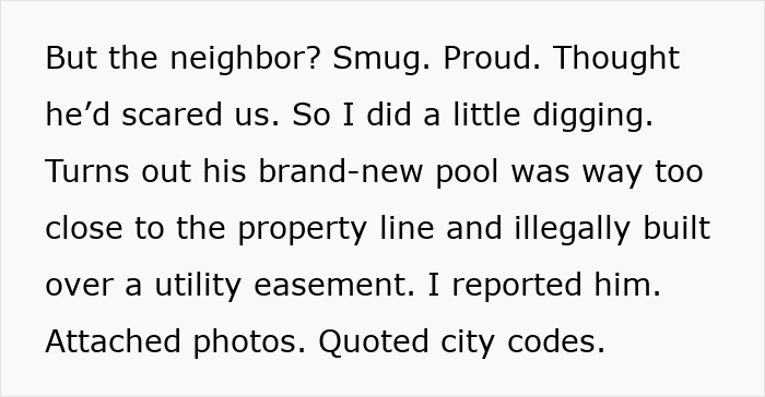 Text reads a story of a neighbor reporting an illegal pool built over utility easement. Text reads a story of a neighbor reporting an illegal pool built over utility easement.