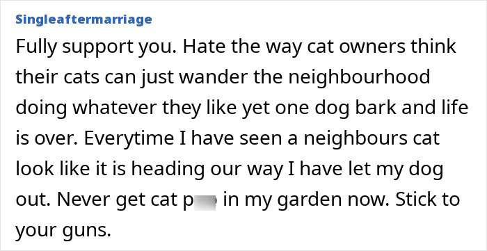 Comment discussing neighbor complaints about dogs and cats using yards as a toilet. Comment discussing neighbor complaints about dogs and cats using yards as a toilet.