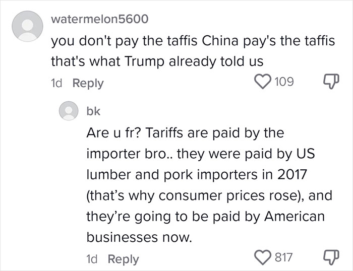Comments discussing tariffs impact on small business owners in the U.S., referencing import costs and consumer prices. Comments discussing tariffs impact on small business owners in the U.S., referencing import costs and consumer prices.