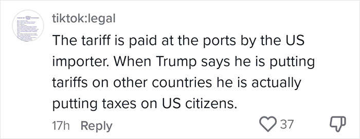 Comment discussing tariffs' impact on US citizens, emphasizing small business owner's concerns about new tariffs affecting her company. Comment discussing tariffs' impact on US citizens, emphasizing small business owner's concerns about new tariffs affecting her company.