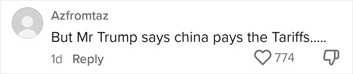 A comment discussing tariffs with a high number of likes, questioning statements about China paying them. A comment discussing tariffs with a high number of likes, questioning statements about China paying them.