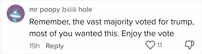 Comment discussing the impact of tariffs on a small business owner in the US with political references. Comment discussing the impact of tariffs on a small business owner in the US with political references.