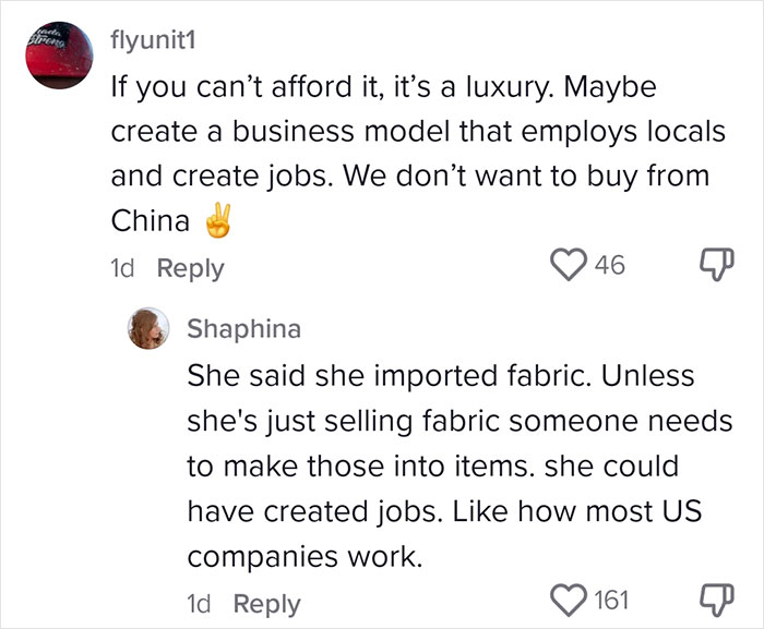 Text comments about US small business owner's challenges with tariffs, mentioning importing fabric and local job creation. Text comments about US small business owner's challenges with tariffs, mentioning importing fabric and local job creation.