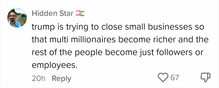 Comment discussing how tariffs affect small business owners in the US. Comment discussing how tariffs affect small business owners in the US.