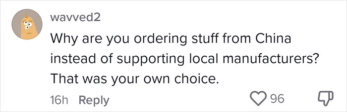 Comment questioning small business owner's choice to import from China over local manufacturers, referencing tariffs. Comment questioning small business owner's choice to import from China over local manufacturers, referencing tariffs.