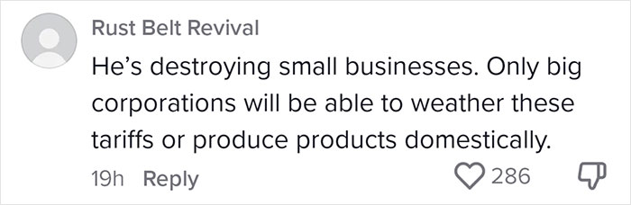 Comment highlights small businesses at risk from tariffs, favoring big corporations. Comment highlights small businesses at risk from tariffs, favoring big corporations.