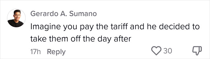 Comment discussing tariffs with 30 likes, highlighting concerns of a small business owner in the US. Comment discussing tariffs with 30 likes, highlighting concerns of a small business owner in the US.