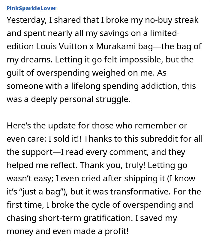 Text post discussing overcoming consumerism and selling a luxury bag during "No-Buy 2025" challenge. Text post discussing overcoming consumerism and selling a luxury bag during "No-Buy 2025" challenge.