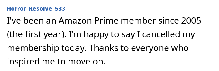 Text screenshot of a user announcing the cancellation of an Amazon Prime membership, reflecting "No-Buy 2025" choices. Text screenshot of a user announcing the cancellation of an Amazon Prime membership, reflecting "No-Buy 2025" choices.