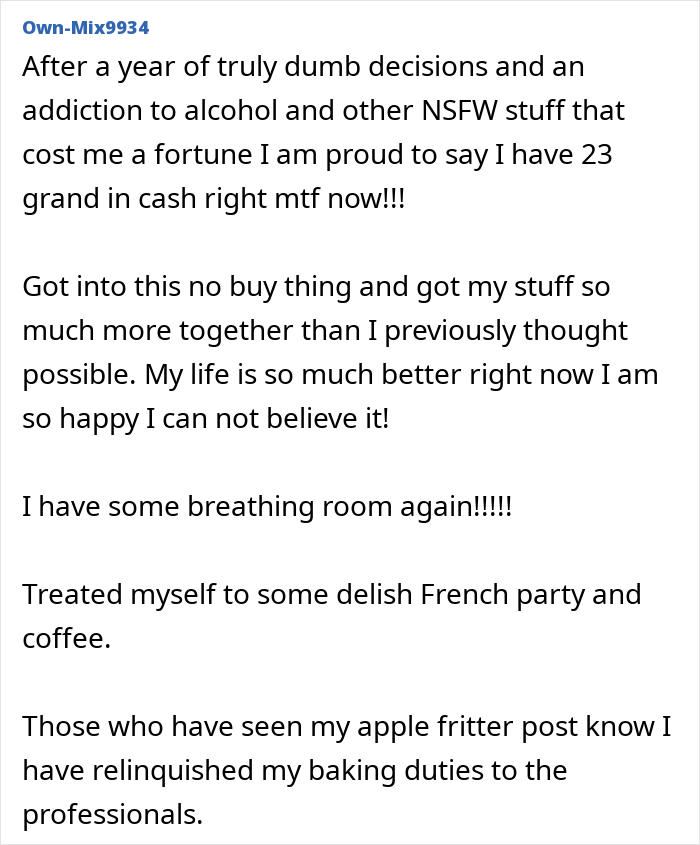 Text expressing success with No-Buy 2025 lifestyle, highlighting personal growth and financial improvement. Text expressing success with No-Buy 2025 lifestyle, highlighting personal growth and financial improvement.