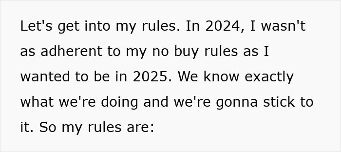 Text about adhering to "No-Buy 2025" rules, emphasizing commitment against consumerism. Text about adhering to "No-Buy 2025" rules, emphasizing commitment against consumerism.