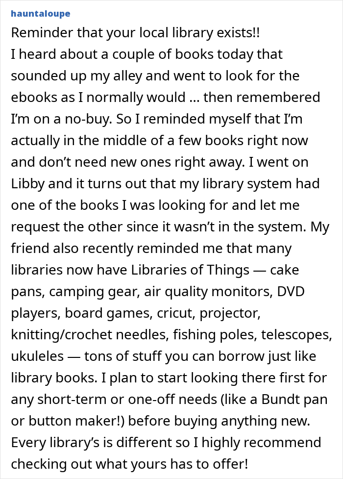 Text on using local library for "No-Buy 2025," borrowing books and more, instead of purchasing. Text on using local library for "No-Buy 2025," borrowing books and more, instead of purchasing.