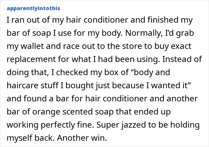 Text about resisting consumerism by using extra conditioner and soap instead of buying new. Text about resisting consumerism by using extra conditioner and soap instead of buying new.