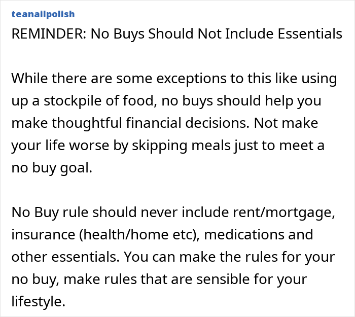 No Buy reminder text emphasizing essentials' exclusion for thoughtful financial decisions in the No-Buy 2025 challenge. No Buy reminder text emphasizing essentials' exclusion for thoughtful financial decisions in the No-Buy 2025 challenge.