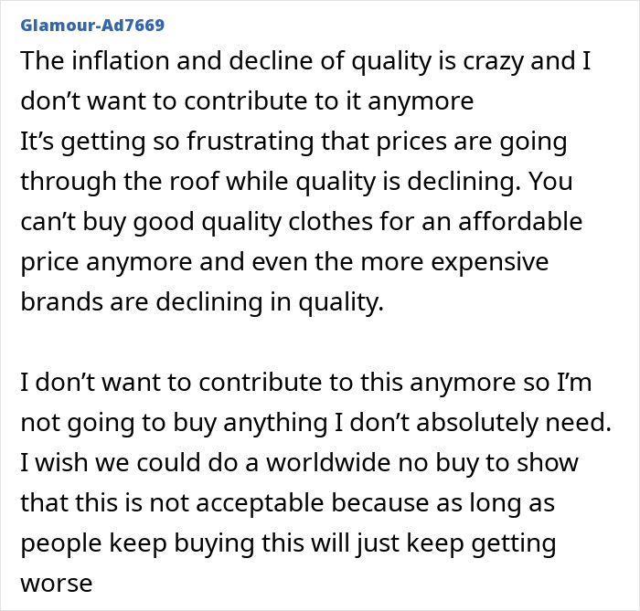 Text about rising prices and declining quality, advocating for "No-Buy 2025" to counter consumerism. Text about rising prices and declining quality, advocating for "No-Buy 2025" to counter consumerism.