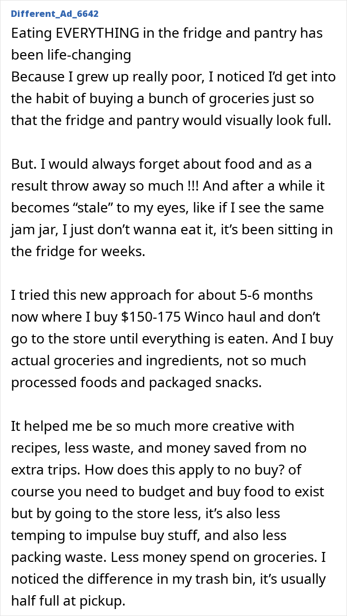 Text discussing reduced consumerism, emphasizing the impact of a "no-buy" lifestyle change on grocery habits and waste reduction. Text discussing reduced consumerism, emphasizing the impact of a "no-buy" lifestyle change on grocery habits and waste reduction.