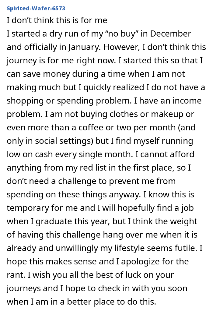 Text post discussing a personal experience with the "No-Buy 2025" challenge and financial struggles. Text post discussing a personal experience with the "No-Buy 2025" challenge and financial struggles.