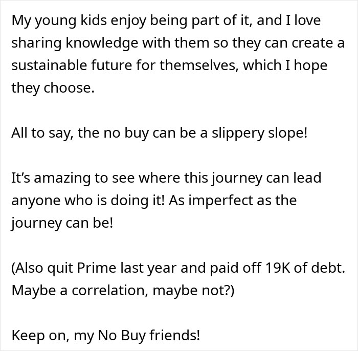 Text discussing "No-Buy 2025" journey, highlighting personal experiences and debt reduction after quitting Prime. Text discussing "No-Buy 2025" journey, highlighting personal experiences and debt reduction after quitting Prime.