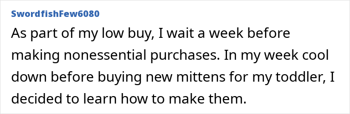 Text post on no-buy strategy, waiting a week for nonessential purchases, and learning to make toddler mittens. Text post on no-buy strategy, waiting a week for nonessential purchases, and learning to make toddler mittens.