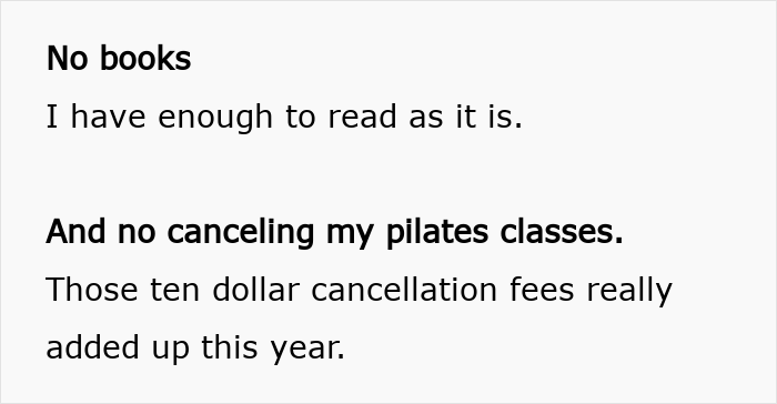 Text from a "No-Buy 2025" list showing decisions to avoid buying books and maintain pilates classes. Text from a "No-Buy 2025" list showing decisions to avoid buying books and maintain pilates classes.