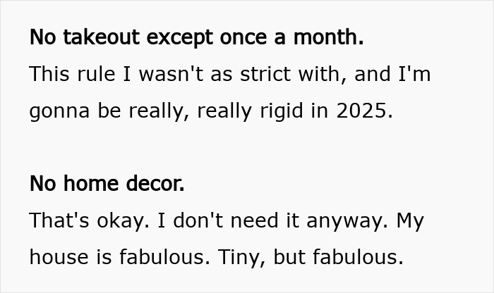 Text discussing strict rules for "No-Buy 2025" including limited takeout and no home decor purchases. Text discussing strict rules for "No-Buy 2025" including limited takeout and no home decor purchases.