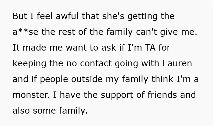 Text discussing family tensions and a woman's choice to maintain no contact with her sister after a past conflict. Text discussing family tensions and a woman's choice to maintain no contact with her sister after a past conflict.