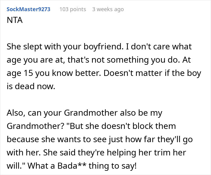 Reddit comment supporting woman's decision not to rekindle relationship with sister after a conflict over a boyfriend. Reddit comment supporting woman's decision not to rekindle relationship with sister after a conflict over a boyfriend.