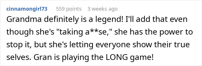 Reddit comment by cinnamongirl73 discussing grandma's patience. Reddit comment by cinnamongirl73 discussing grandma's patience.