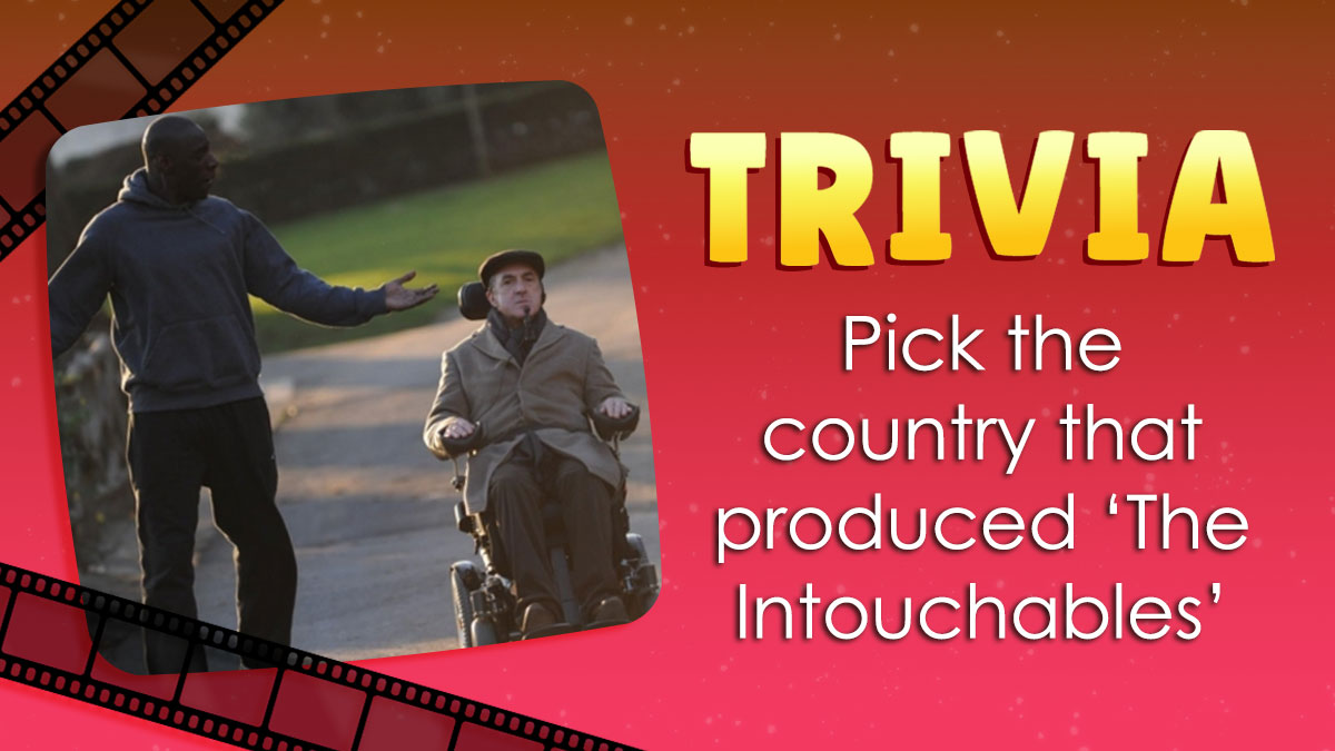 Scene from The Intouchables with two men outside and trivia text about guessing famous films from around the world