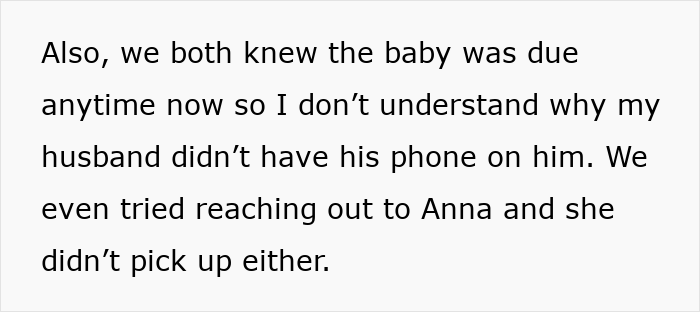 Text discussing a husband's absence at childbirth, mentioning his female best friend Anna, who didn't answer calls either. Text discussing a husband's absence at childbirth, mentioning his female best friend Anna, who didn't answer calls either.