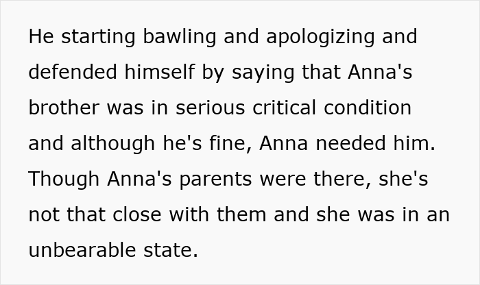 Text explaining husband's choice to support female friend over attending child's birth due to brother's critical condition. Text explaining husband's choice to support female friend over attending child's birth due to brother's critical condition.