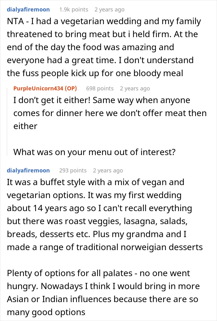 Text thread discussing a vegetarian wedding without meat options, highlighting guest reactions and diverse menu choices. Text thread discussing a vegetarian wedding without meat options, highlighting guest reactions and diverse menu choices.