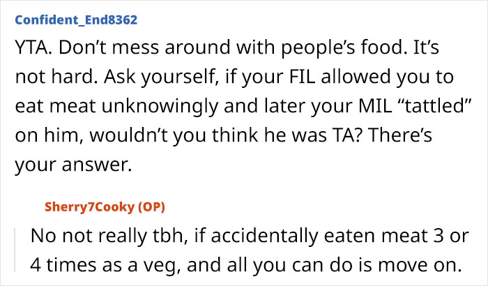 Comments about FIL's reaction to vegetarian meatballs mishap, discussing food boundaries and responses. Comments about FIL's reaction to vegetarian meatballs mishap, discussing food boundaries and responses.