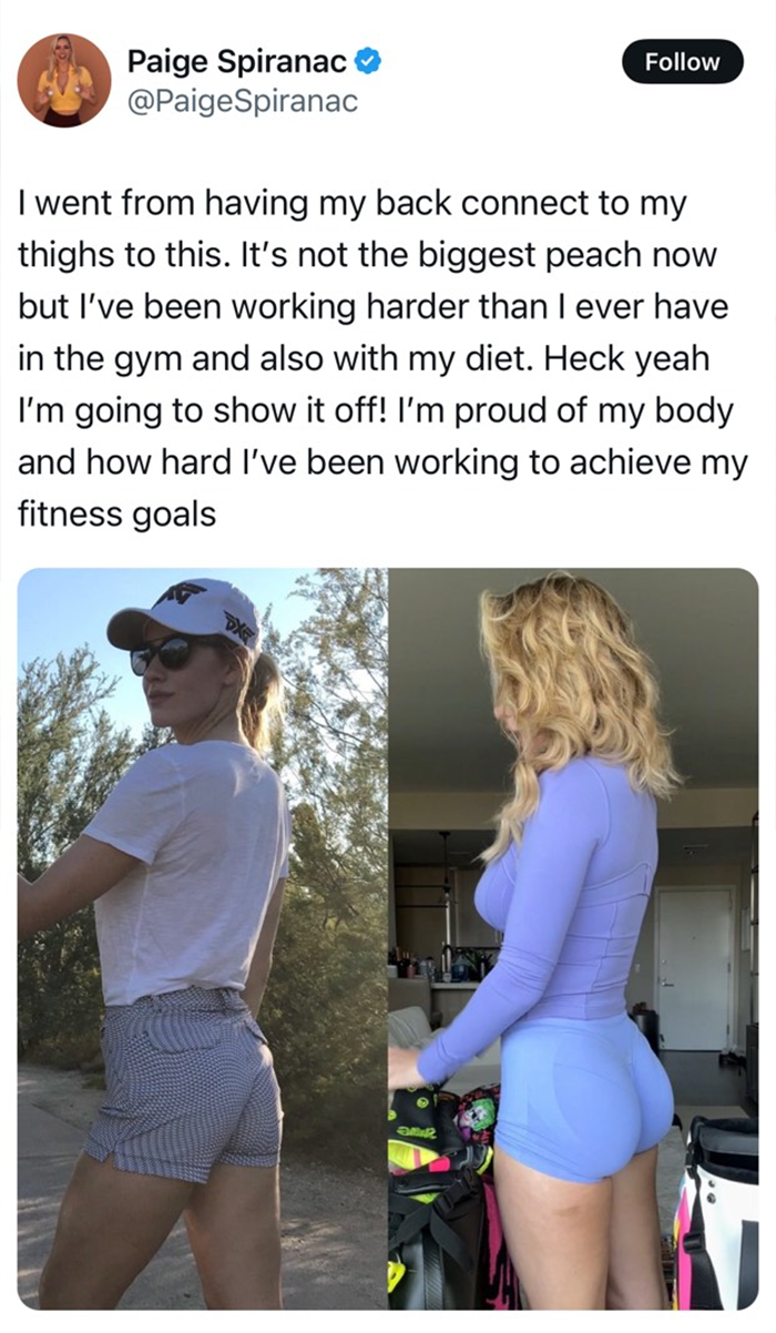 Golf influencer shows buttocks transformation with before-and-after photos, highlighting fitness progress. Golf influencer shows buttocks transformation with before-and-after photos, highlighting fitness progress.