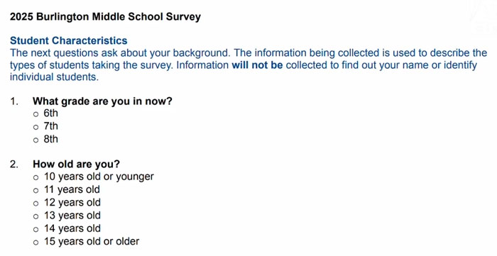 Middle school survey questions, including grade and age, causing parent concerns. Middle school survey questions, including grade and age, causing parent concerns.