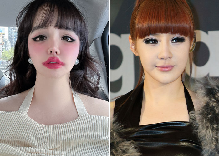 K-Pop star before and after transformation, amid plastic surgery rumors, wearing stylish outfits. K-Pop star before and after transformation, amid plastic surgery rumors, wearing stylish outfits.