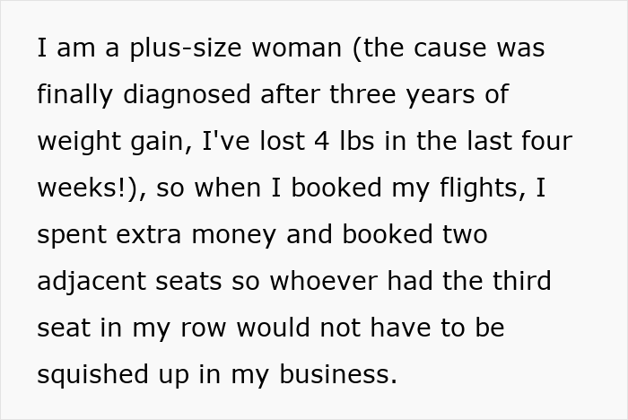 Text about a woman booking two plane seats for comfort due to size. Text about a woman booking two plane seats for comfort due to size.