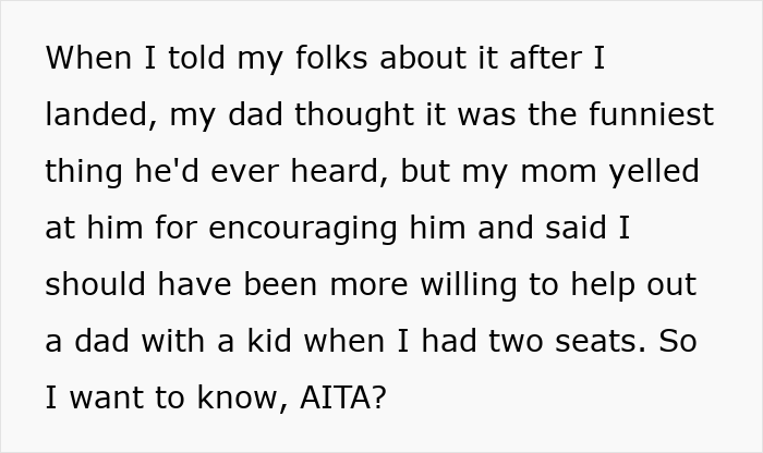 Text discussing a woman's decision to book two plane seats and the conflicting reactions of her parents. Text discussing a woman's decision to book two plane seats and the conflicting reactions of her parents.