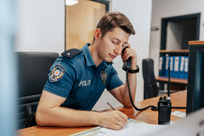 Police officer on the phone, taking notes at a desk with a radio nearby. Police officer on the phone, taking notes at a desk with a radio nearby.