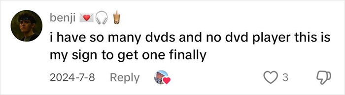 Online user comments on owning DVDs, expressing the joy of physical media and planning to get a DVD player. Online user comments on owning DVDs, expressing the joy of physical media and planning to get a DVD player.