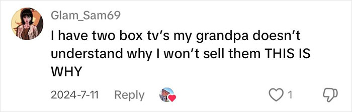 Comment about the value of physical media, discussing keeping box TVs for sentimental reasons. Comment about the value of physical media, discussing keeping box TVs for sentimental reasons.