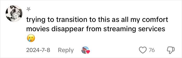 Comment about switching to physical media as favorite movies leave streaming services. Comment about switching to physical media as favorite movies leave streaming services.