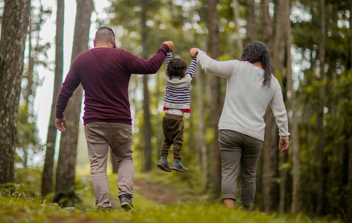 Family walking in the forest holding hands with child swinging between them.