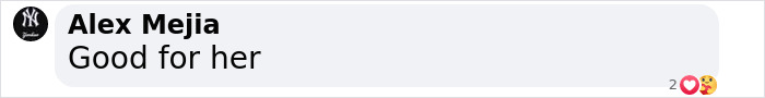 Comment by Alex Mejia saying 'Good for her' on a golf influencer's body transformation post. Comment by Alex Mejia saying 'Good for her' on a golf influencer's body transformation post.
