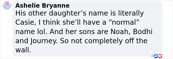 Screenshot of a social media comment discussing names of Machine Gun Kelly and Megan Fox's children. Screenshot of a social media comment discussing names of Machine Gun Kelly and Megan Fox's children.